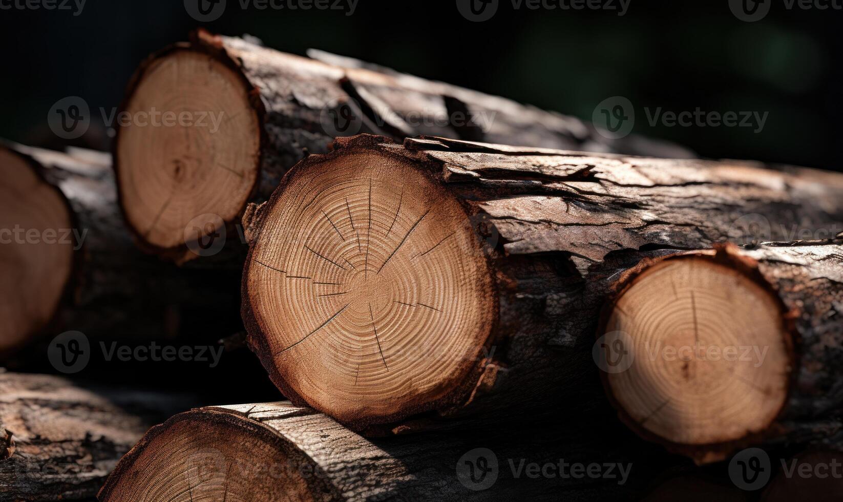 AI generated Wooden logs in the forest, close-up. Natural background photo