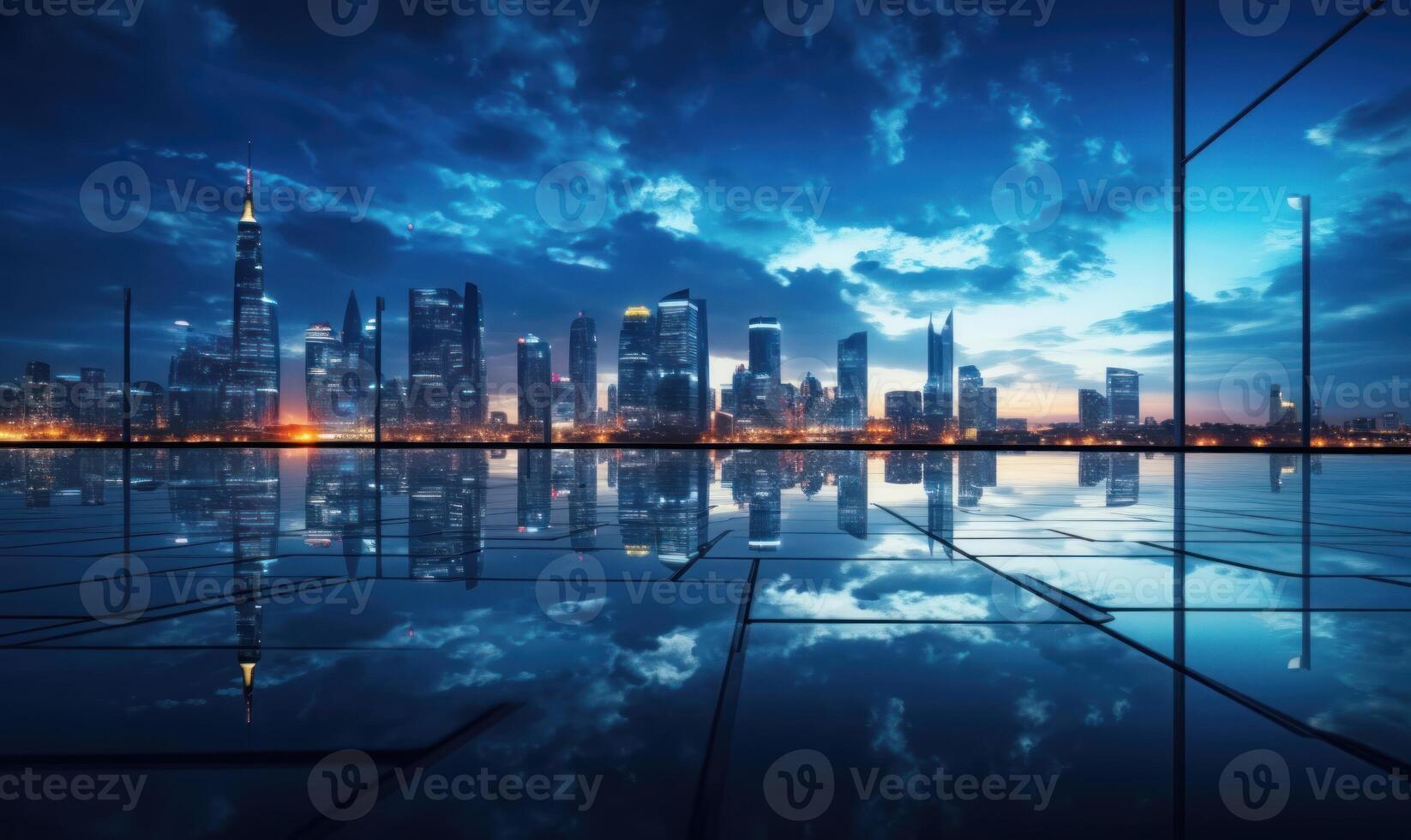 AI generated skyscrapers reflected on water surface and stormy sky photo