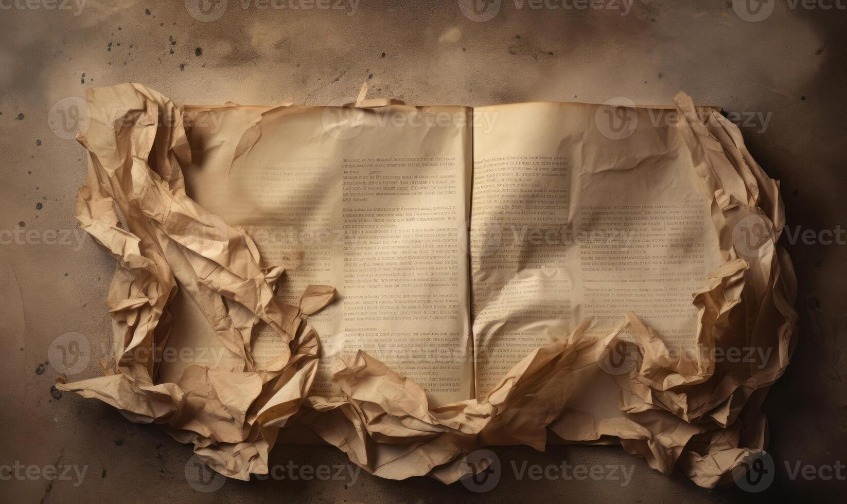 AI generated Old paper and crumpled sheets of paper on the table. photo