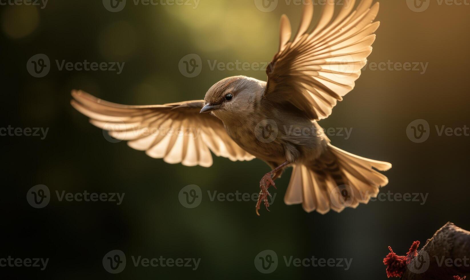 AI generated Close-up portrait of a sparrow in flight on a sunny day photo