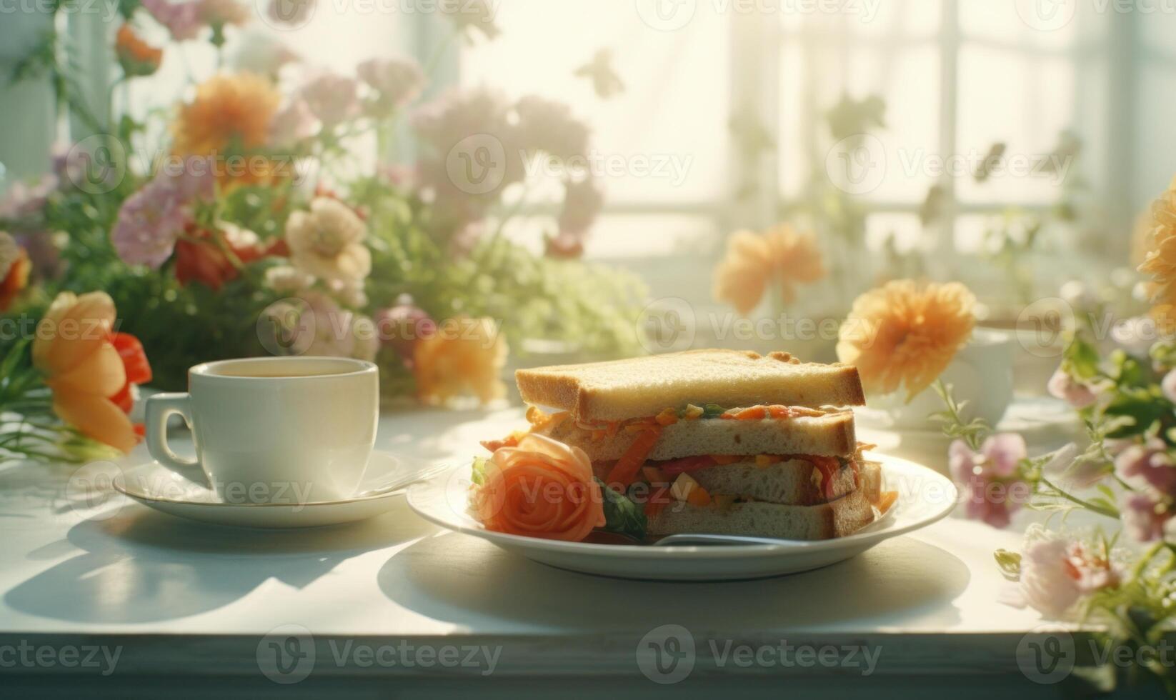 AI generated Cup of coffee and bouquet of spring flowers on the table photo