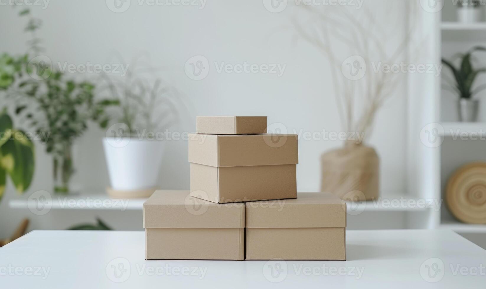 AI generated Cardboard boxes on a white table in a light room with green plants. Boxes mockup photo