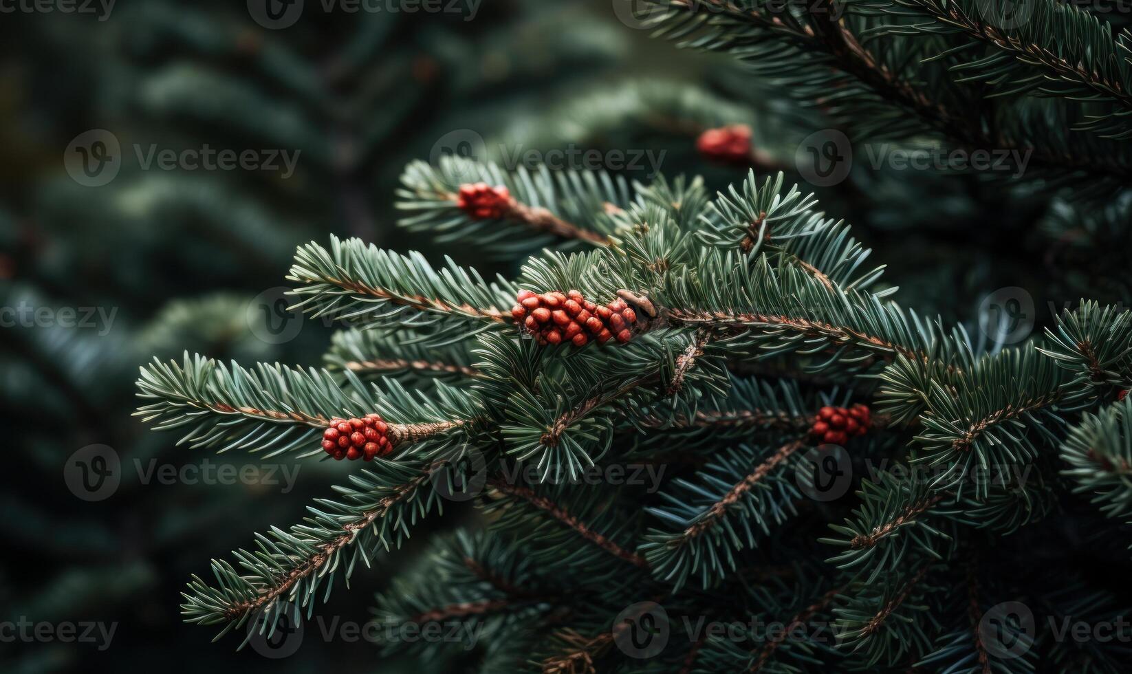 AI generated Pine tree branch with red cones, close-up. photo