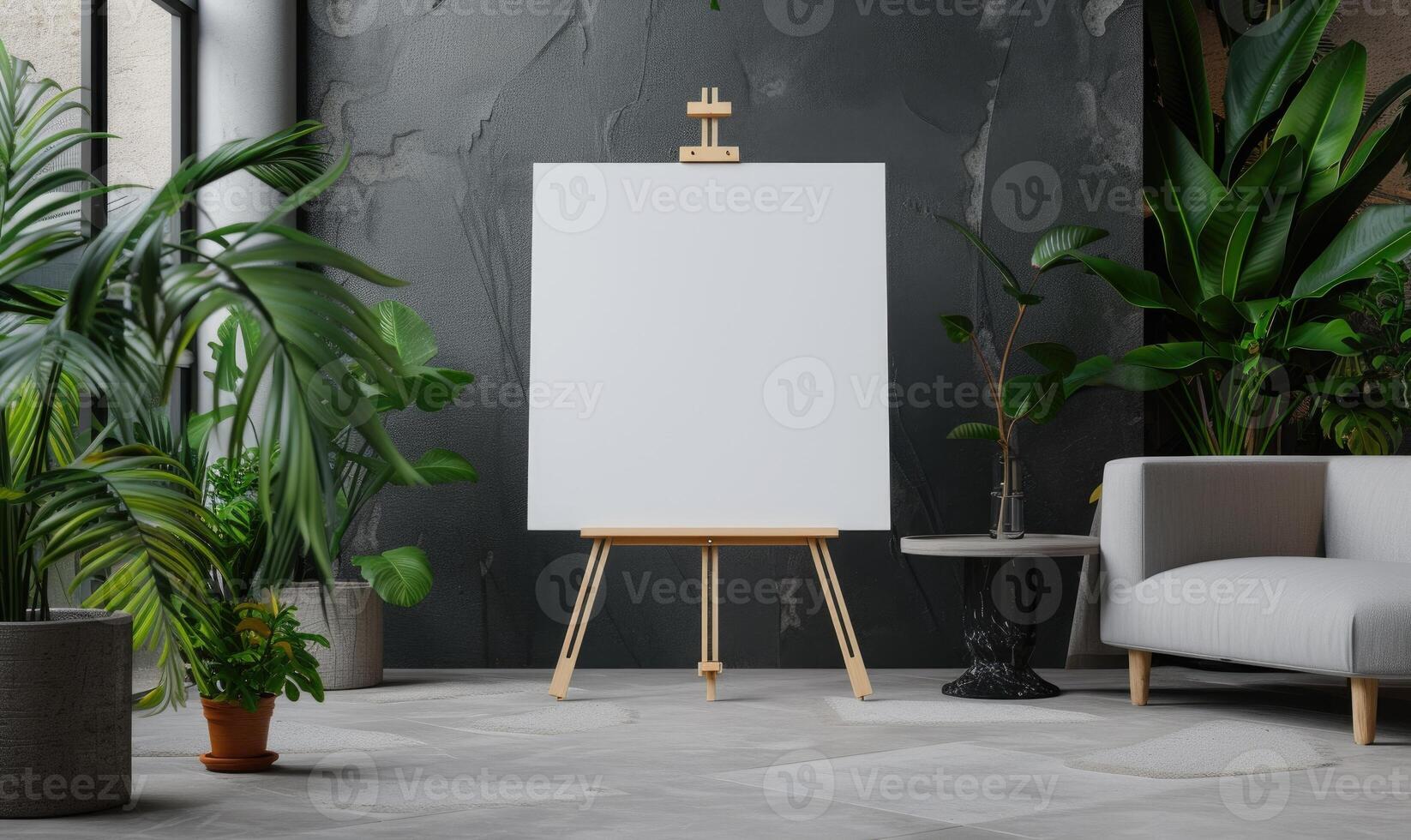 AI generated Blank canvas hanging on a wooden easel standing against gray wall in a room with plants photo