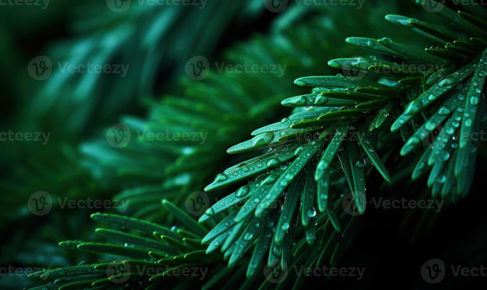 AI generated Raindrops on the leaves of the spruce, close-up photo