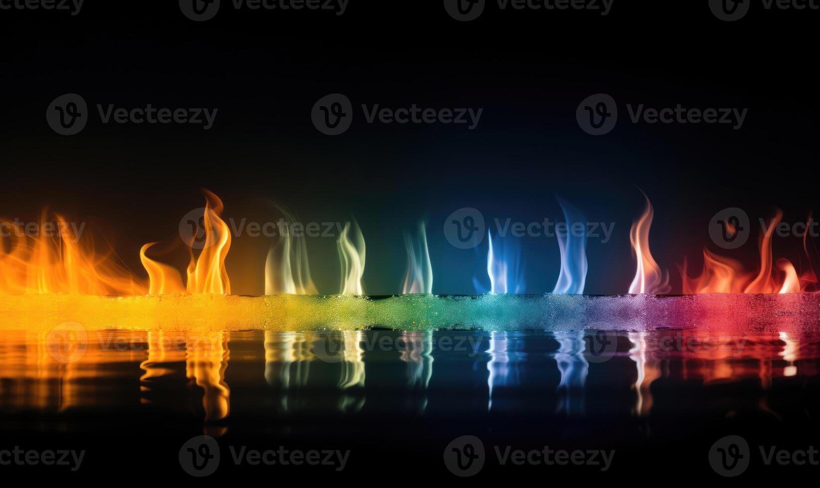 AI generated Colorful fire flames on black background with reflection. photo