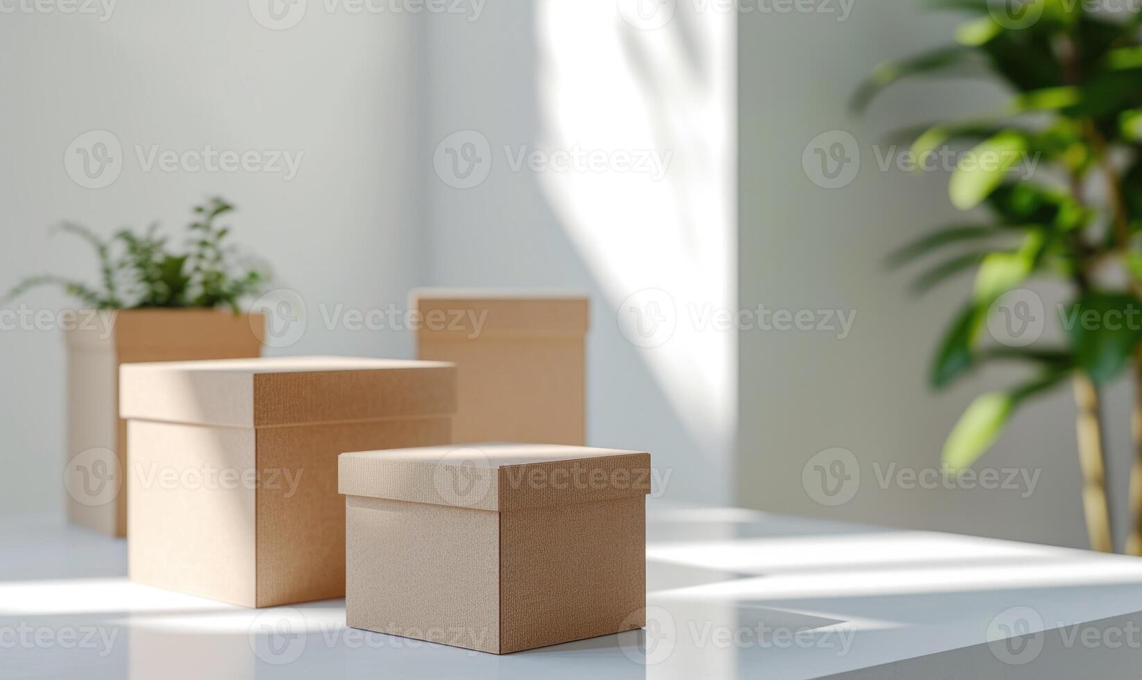 AI generated Cardboard boxes on a white table in a light room with green plants. Boxes mockup photo