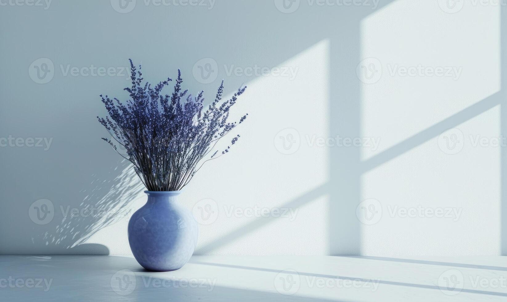 ai generado lavanda ramo de flores en blanco florero en contra el pared en habitación con azul ligero y texturizado sombra. espacio para texto foto