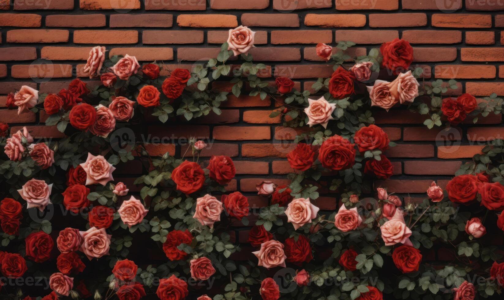 ai generado rojo rosas en un ladrillo pared antecedentes con Copiar espacio para texto foto