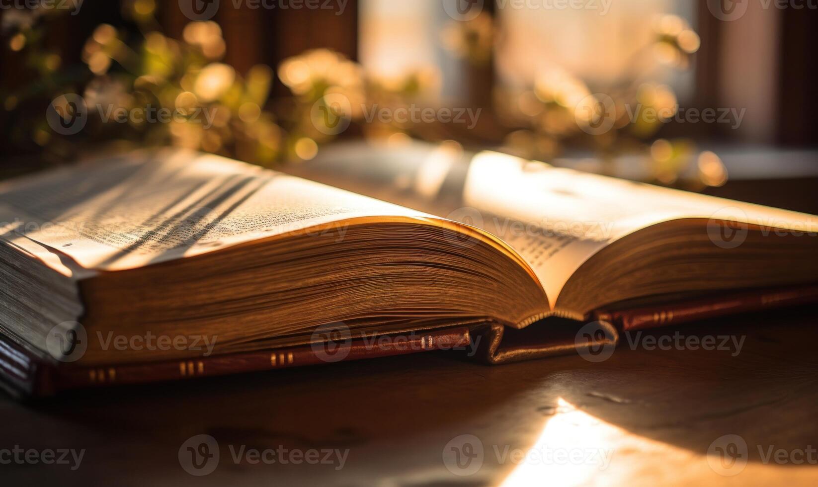 ai generado abierto libro en un de madera mesa, iluminado por el rayos de el Dom foto