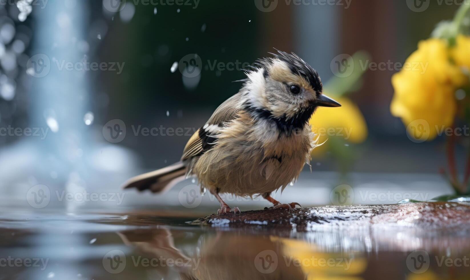 AI generated Great tit Parus major in a puddle after the rain photo