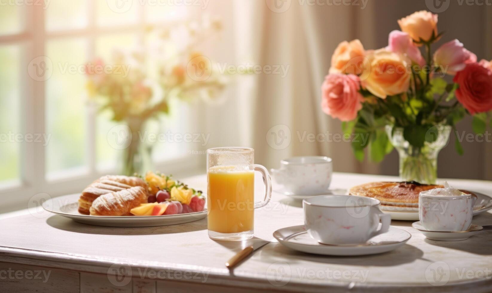 AI generated A cup of coffee on a wooden table with a bouquet of roses in the background photo