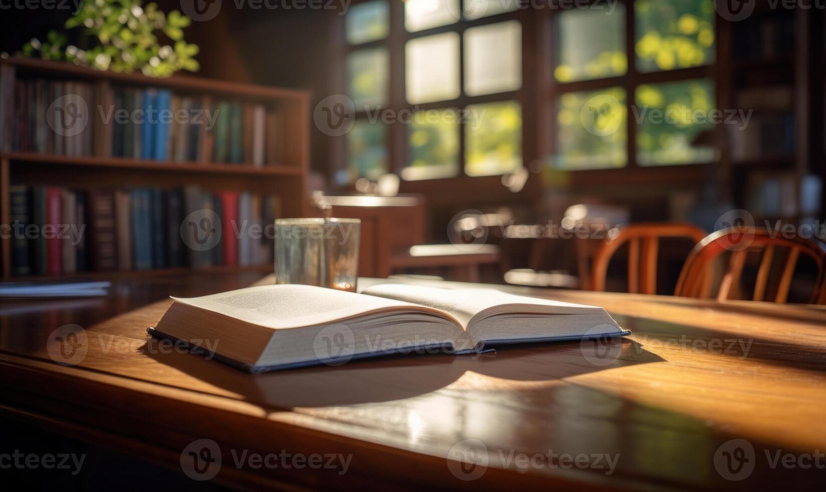 AI generated Open book on a wooden table in a library. Selective focus. photo