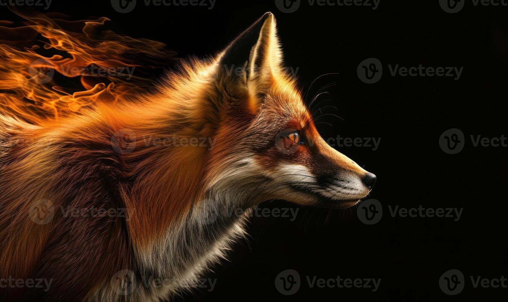 AI generated Fiery fox on a black background. Fire in the dark. Fantasy animal, fire element. photo