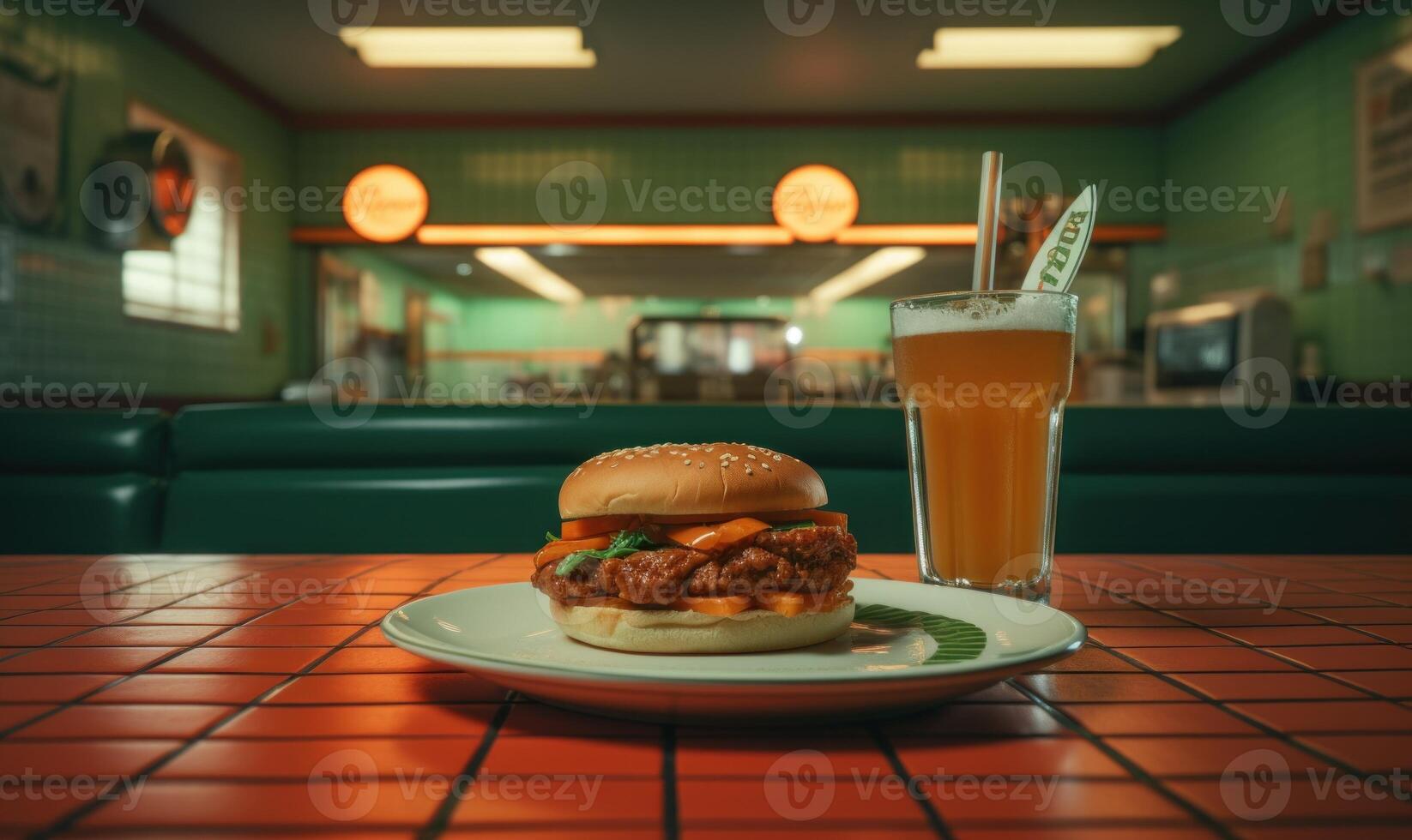 AI generated Beef burger with french fries and a glass of beer in a pub photo