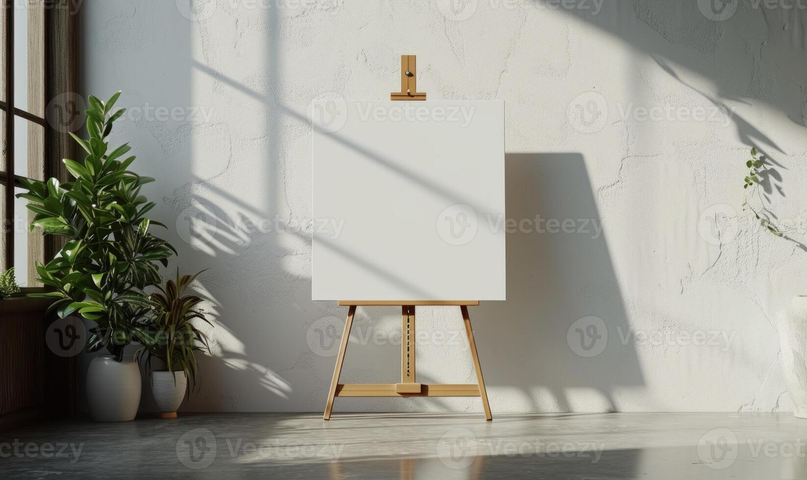 AI generated Wooden easel with blank canvas standing near white wall in modern interior room, mockup photo