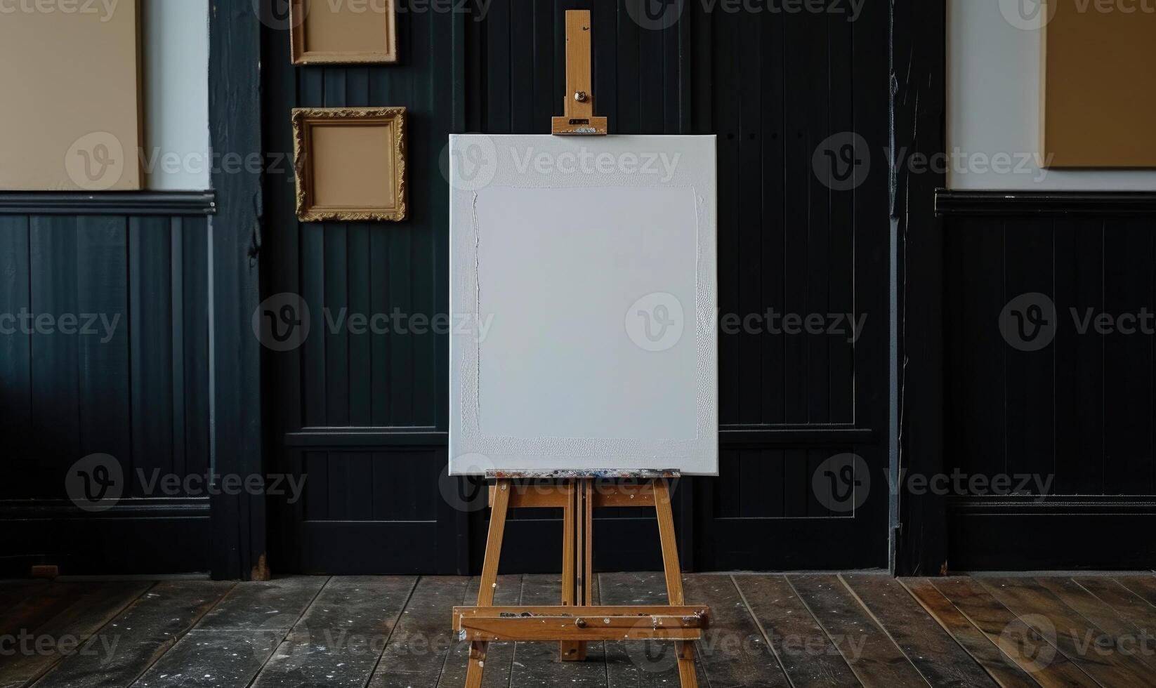 AI generated Easel with blank canvas standing on concrete floor near dark wall. Mock up photo