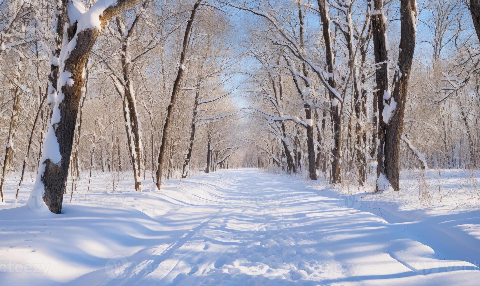 AI generated Beautiful winter landscape with snow covered trees in forest at sunrise. photo