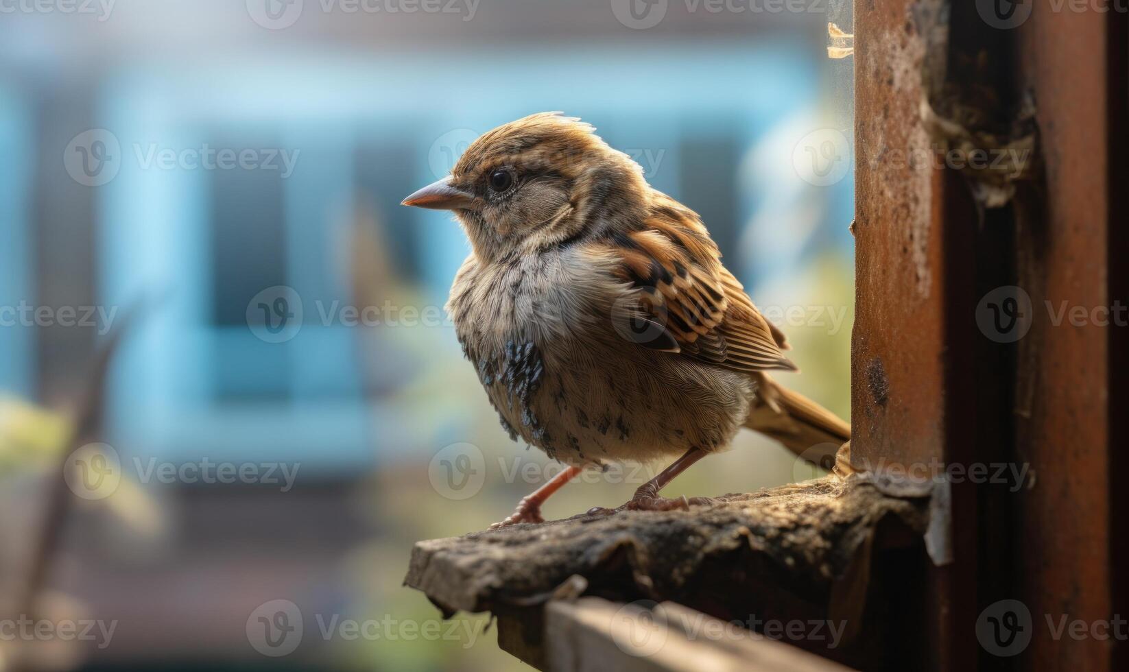 AI generated Sparrow sitting on the wooden fence in the garden. Selective focus. photo