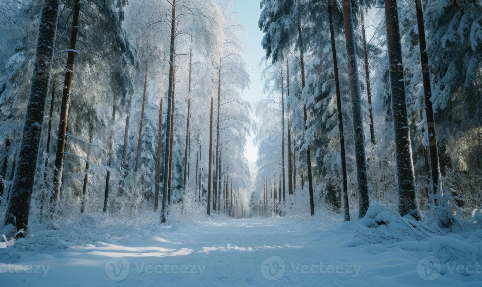 AI generated Beautiful winter forest landscape with trees covered with hoarfrost and snow photo