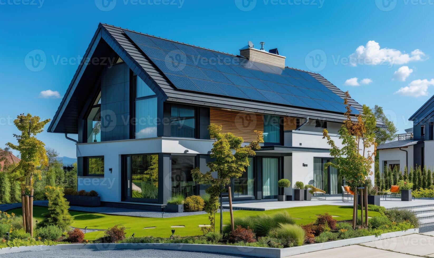 AI generated Modern house with solar panels installed on the roof. Modern house with solar panels installed on the roof. photo