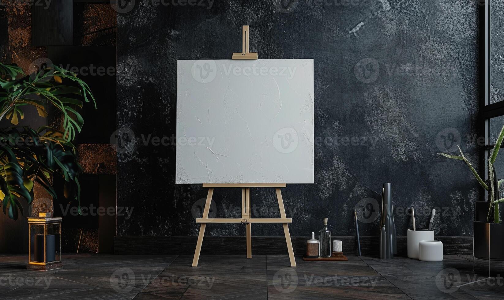 ai generado un caballete con un blanco blanco lona en un Arte estudio foto