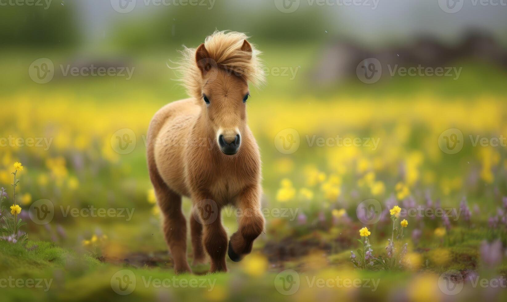 ai generado pequeño poni potro jugar en un prado con amarillo flores foto