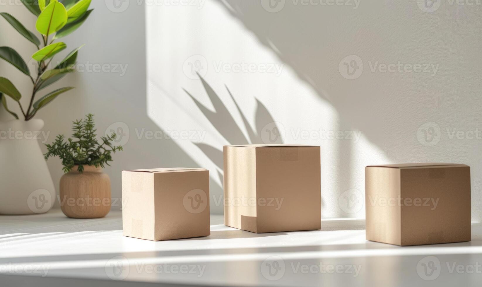 AI generated Cardboard boxes on a white table in a light room with green plants. Boxes mockup photo