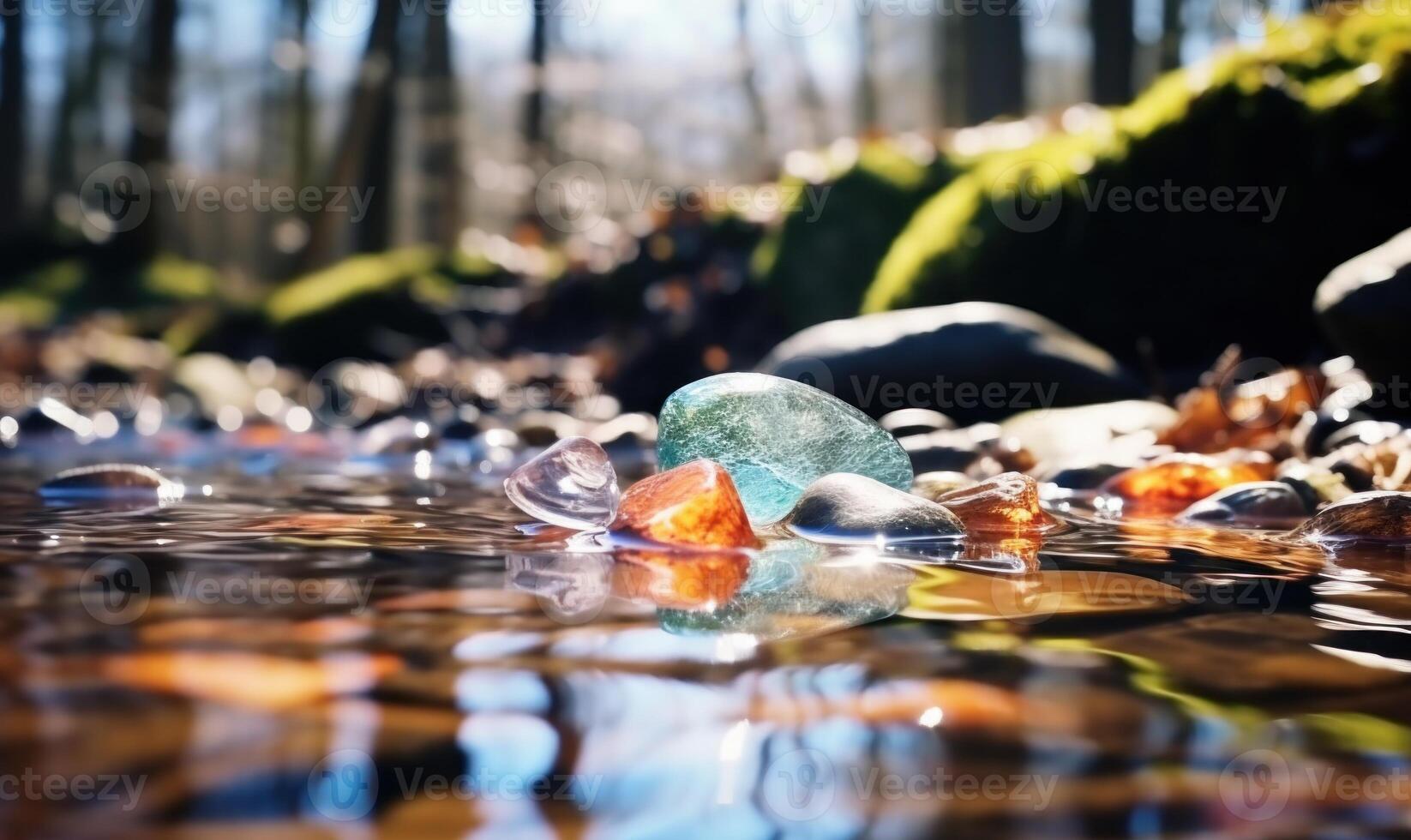 AI generated Frozen water in the forest with ice cubes and pebbles. Early spring landscape photo