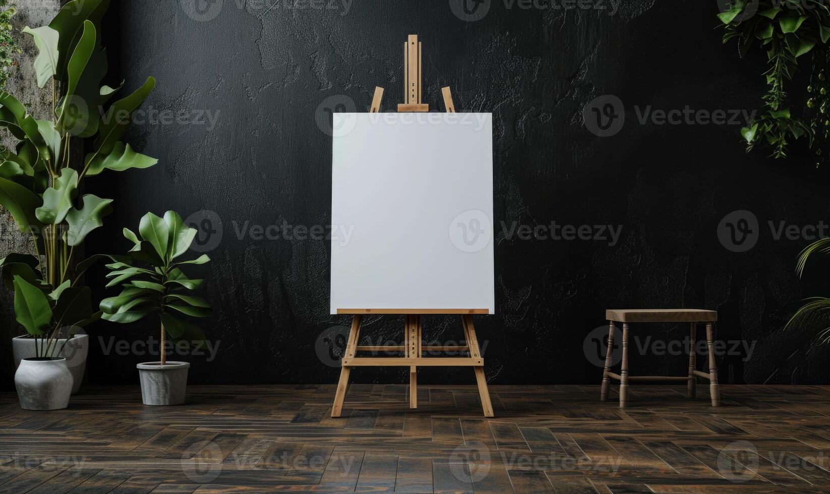 AI generated Wooden easel with blank canvas standing near black wall. Mock up, photo