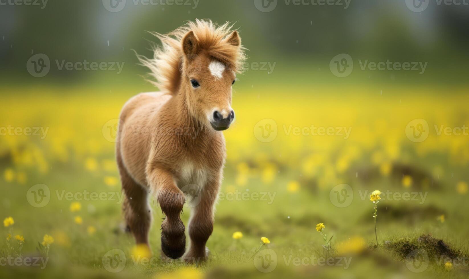 ai generado pequeño poni potro jugar en un prado con amarillo flores foto