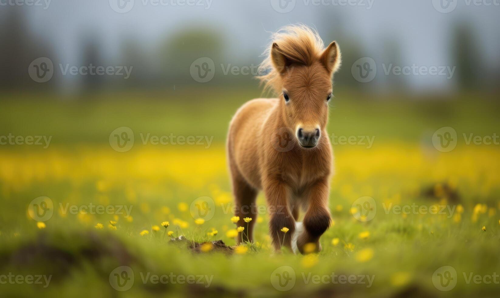 AI generated Little pony foal play on a meadow with yellow flowers photo