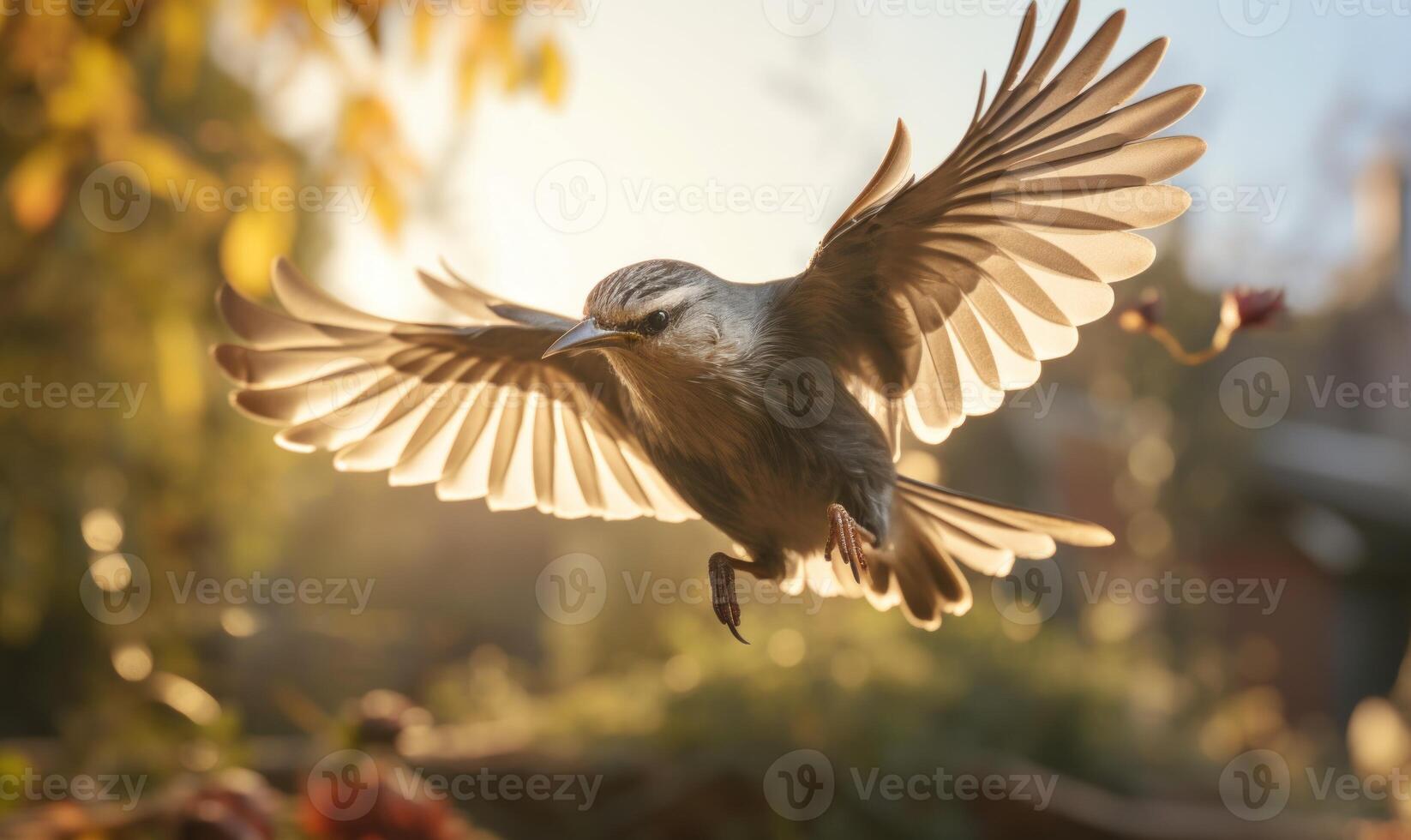 AI generated Sparrow in flight with open wings, close-up. photo