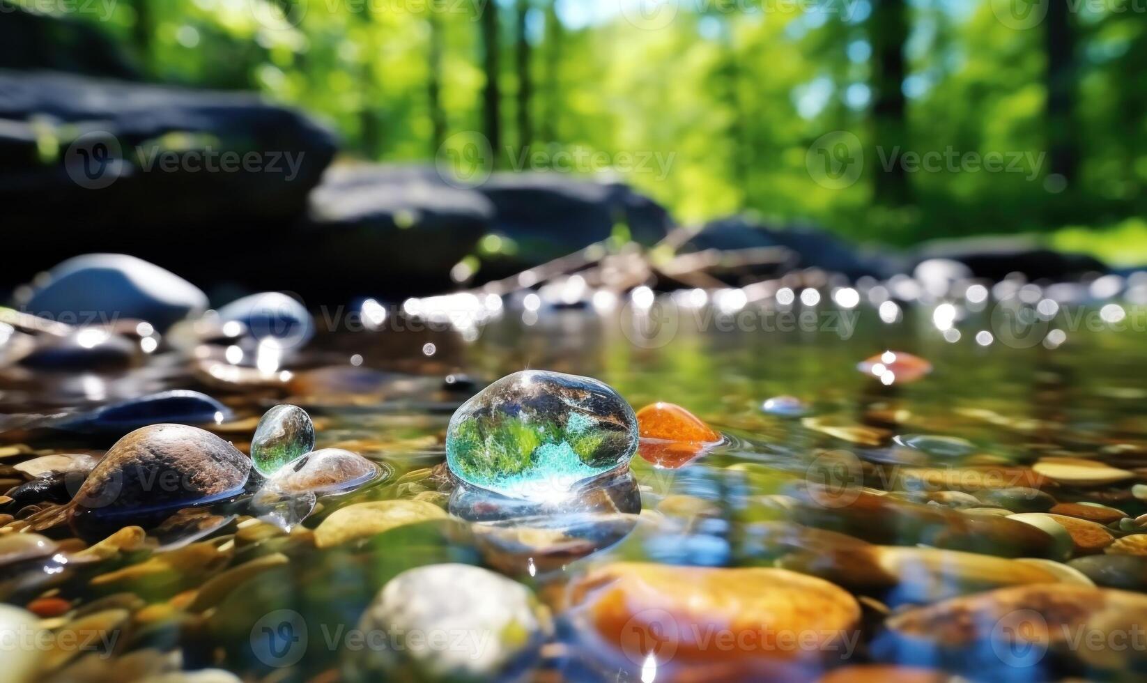 AI generated Stream in the forest. Beautiful early spring landscape with a river and stones. photo