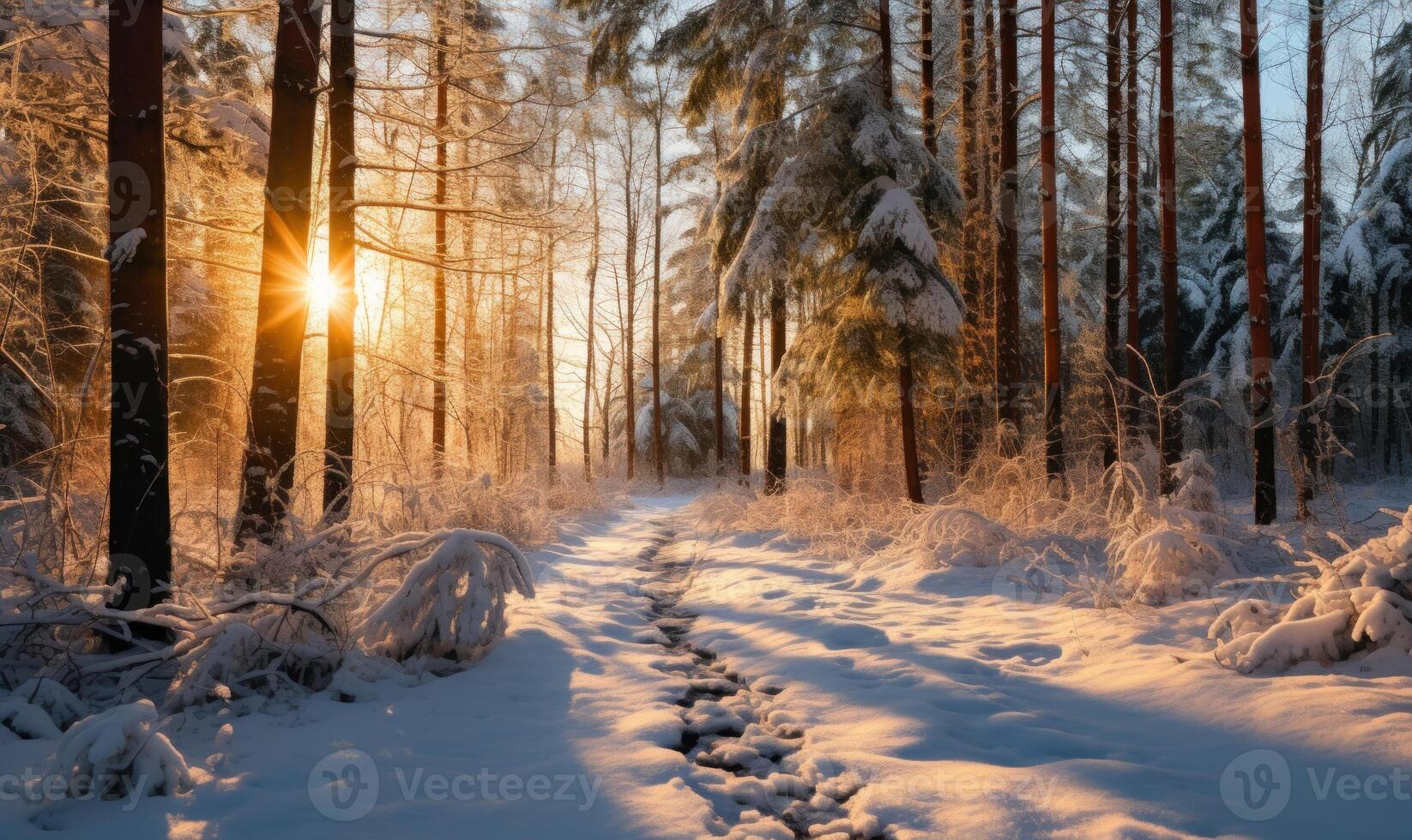 AI generated Beautiful winter landscape with snow covered trees in forest at sunrise. photo