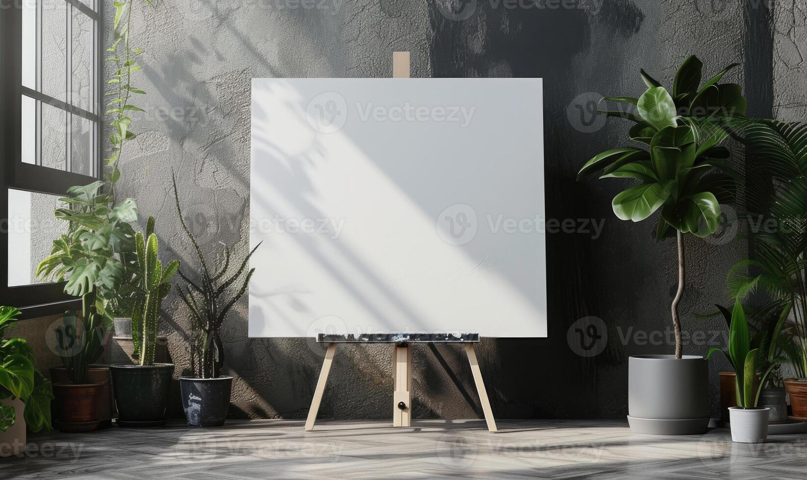AI generated Blank canvas hanging on a wooden easel standing against gray wall in a room with plants photo