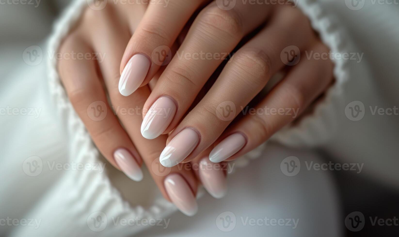 AI generated Female hand with white nail design. Nail polish manicure. photo