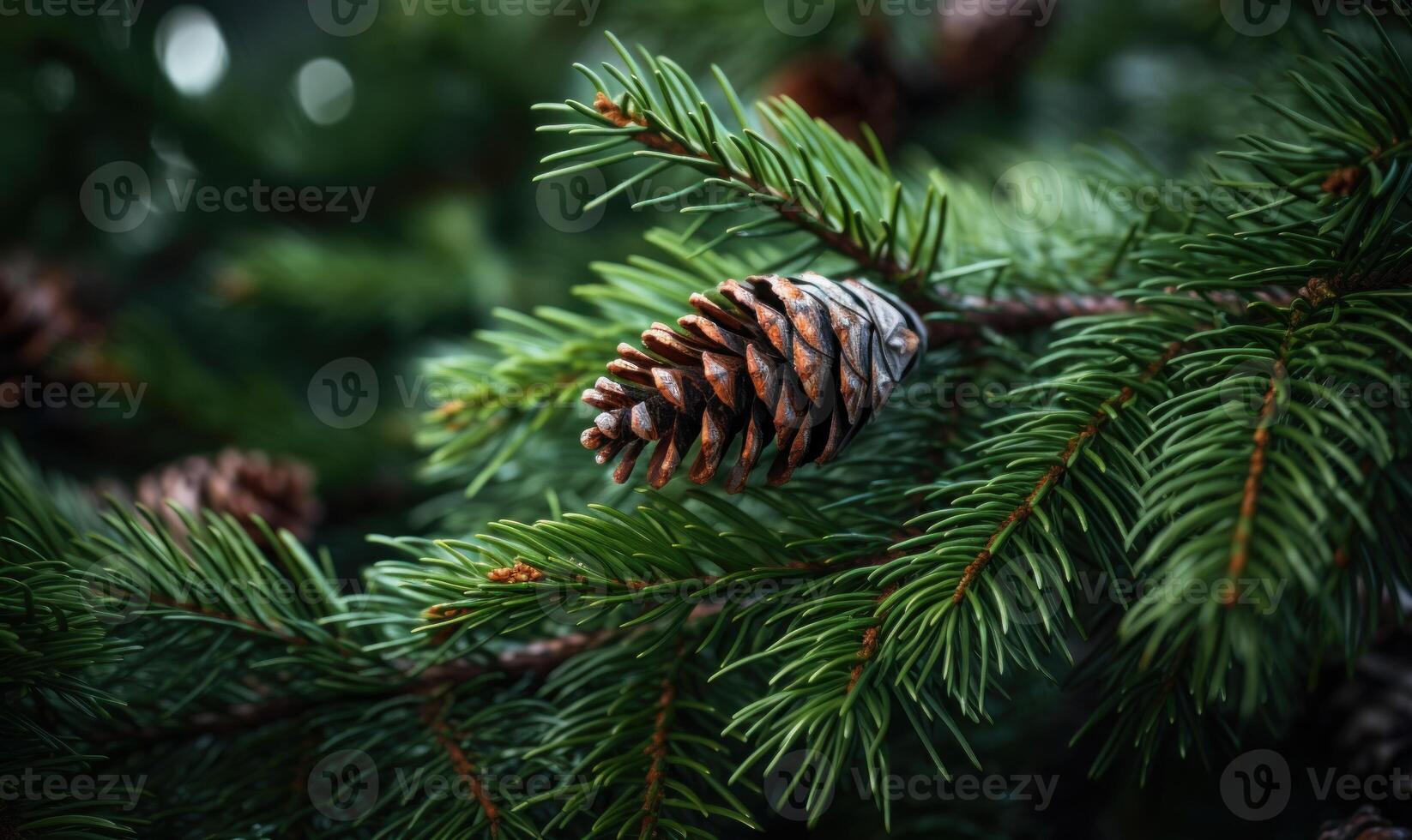 AI generated Spruce branches with cones and red berries. Blurred background. photo