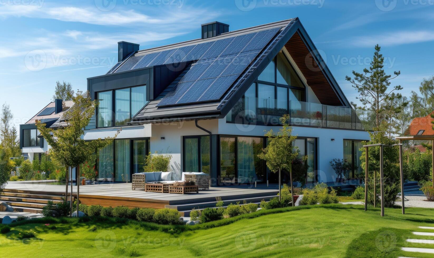 AI generated Modern house with solar panels installed on the roof. Modern house with solar panels installed on the roof. photo