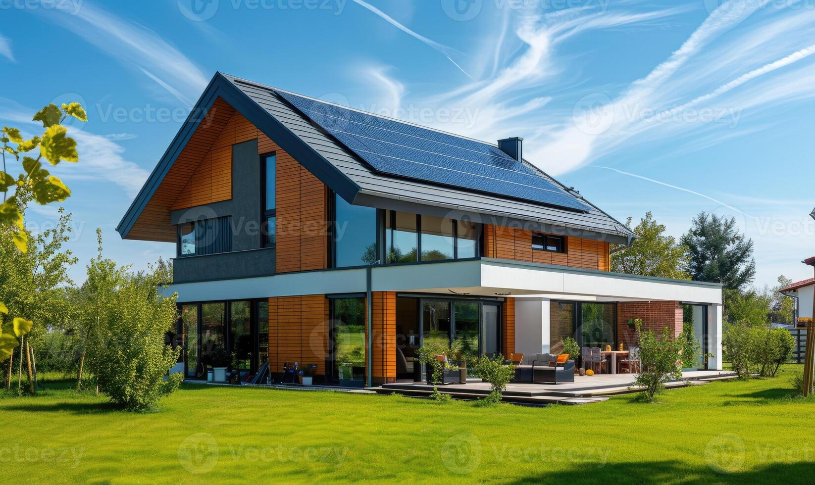 AI generated Modern house with solar panels installed on the roof. Modern house with solar panels installed on the roof. photo