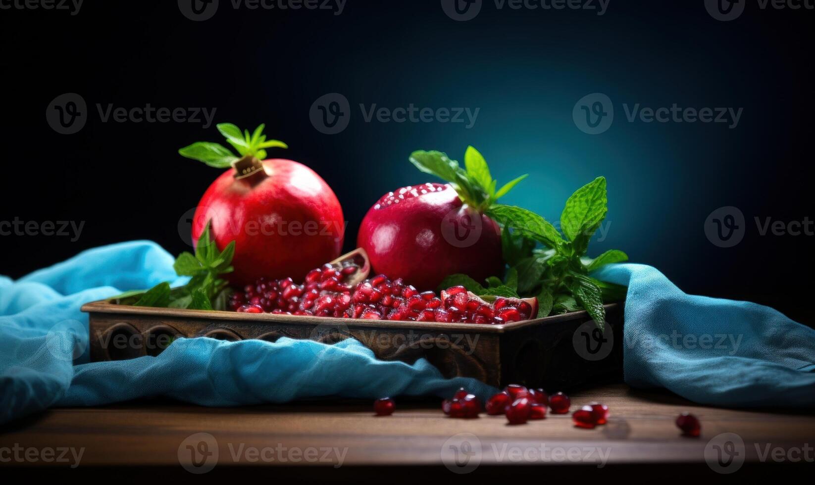 AI generated Ripe pomegranate fruit on a wooden background. Selective focus. photo