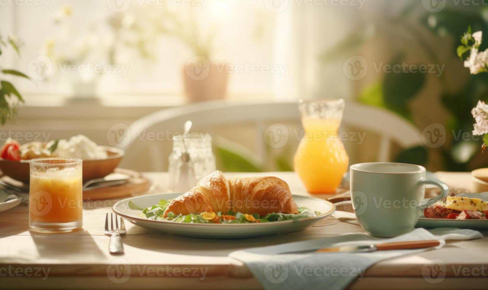 AI generated Breakfast with sandwiches and juice on the table in the morning. photo