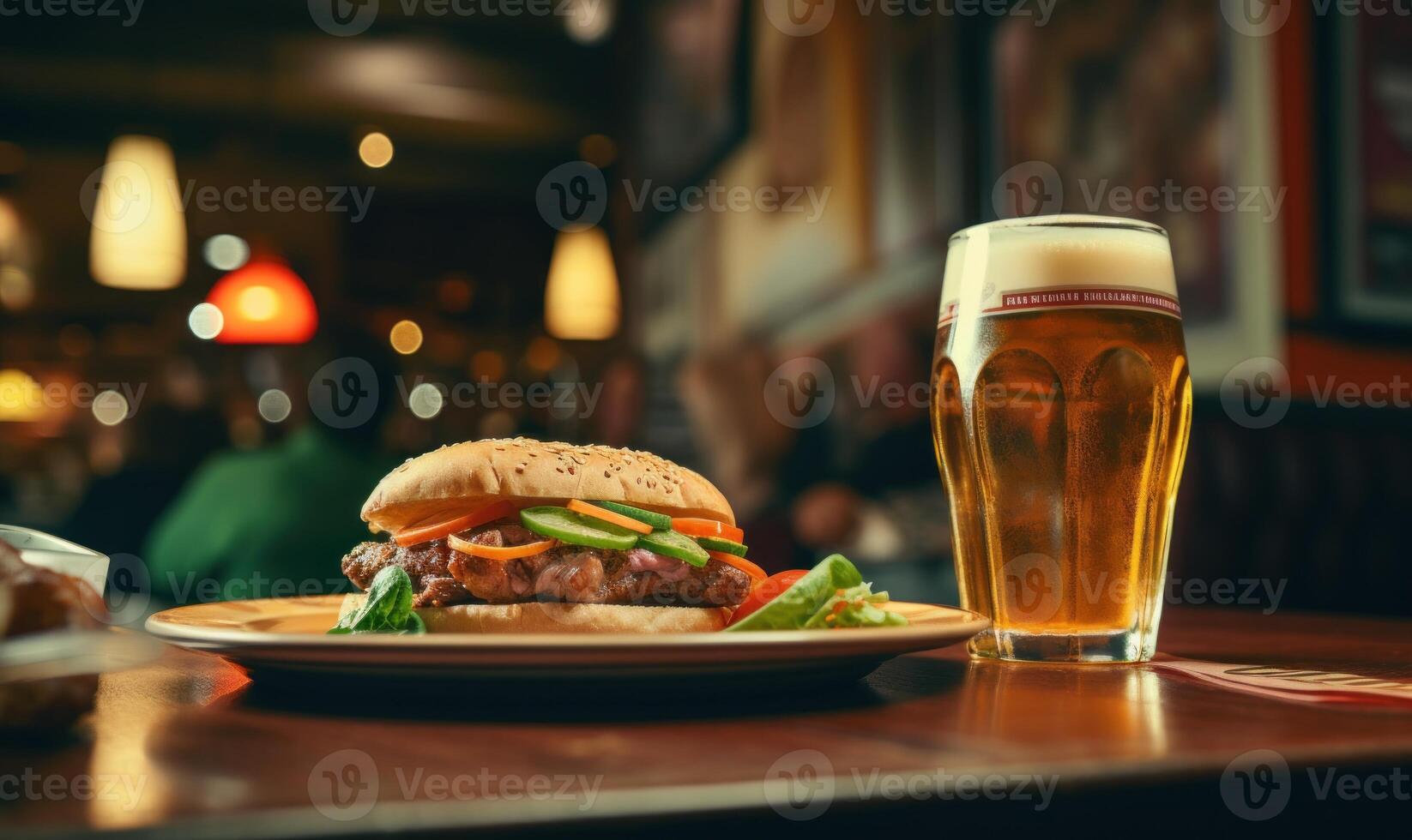 ai generado carne de vaca hamburguesa con francés papas fritas y un vaso de cerveza en un pub foto