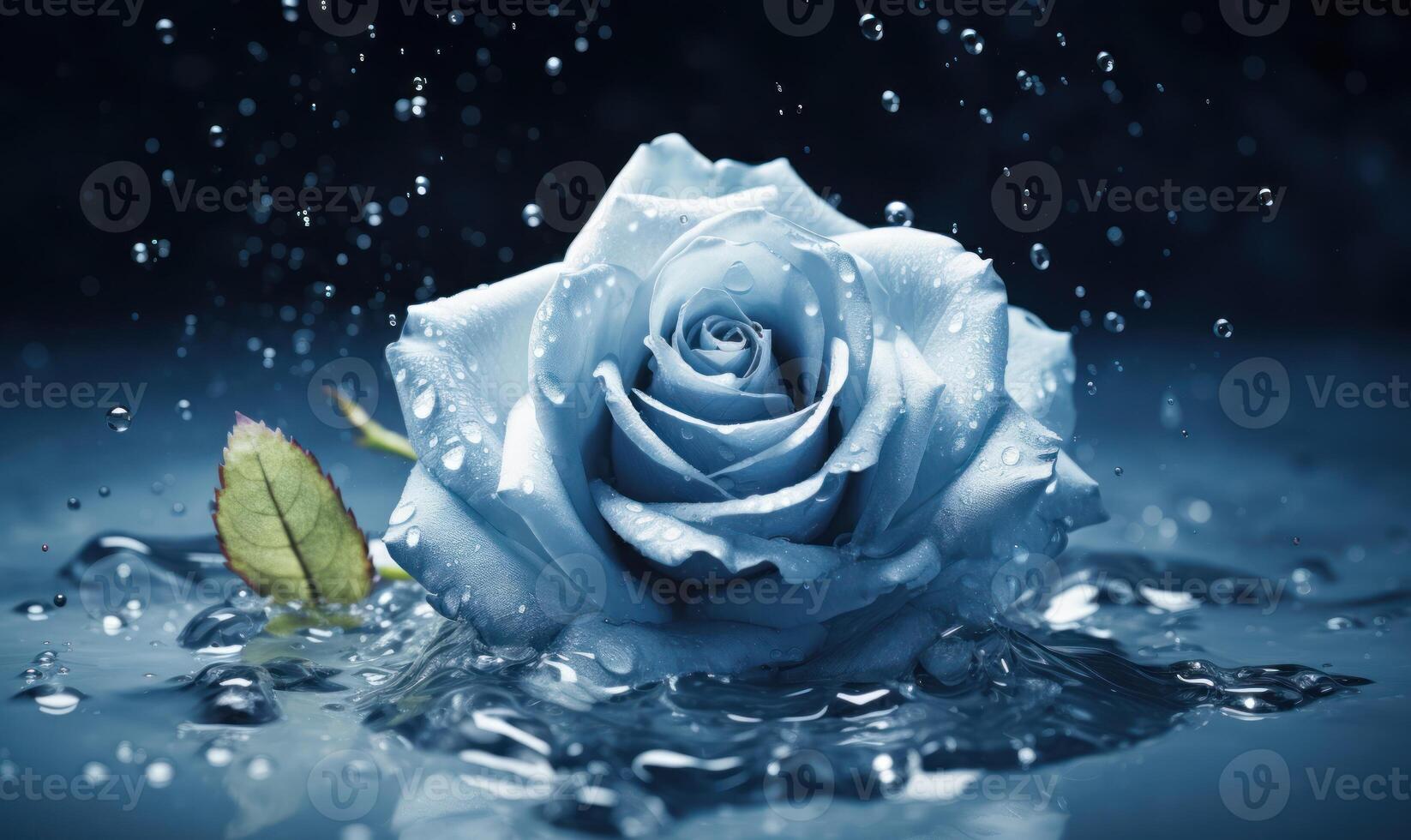 AI generated Beautiful white rose with water drops on a dark blue background. photo