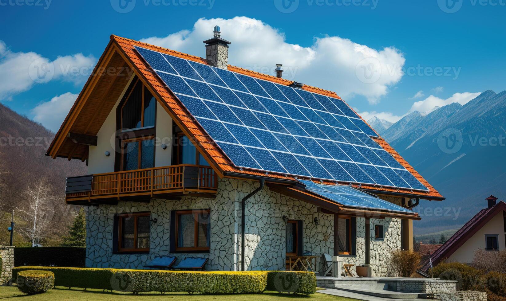 AI generated Modern house with solar panels on roof and mountains in the background. photo