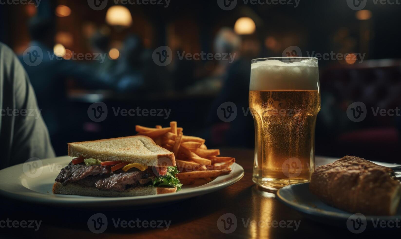 AI generated sandwich with beer on wooden table in pub, soft focus background photo