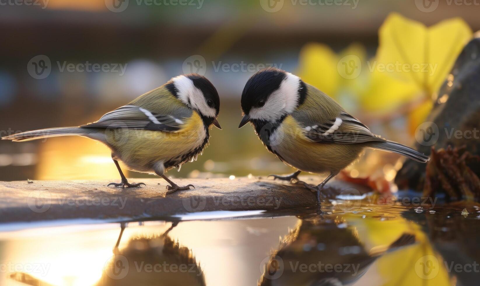 AI generated Two great tit birds, Parus major, drinking water from a fountain. photo