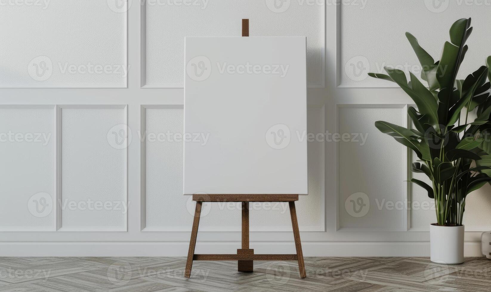 AI generated Wooden easel mockup with blank white canvas standing in lightful room with plants. photo