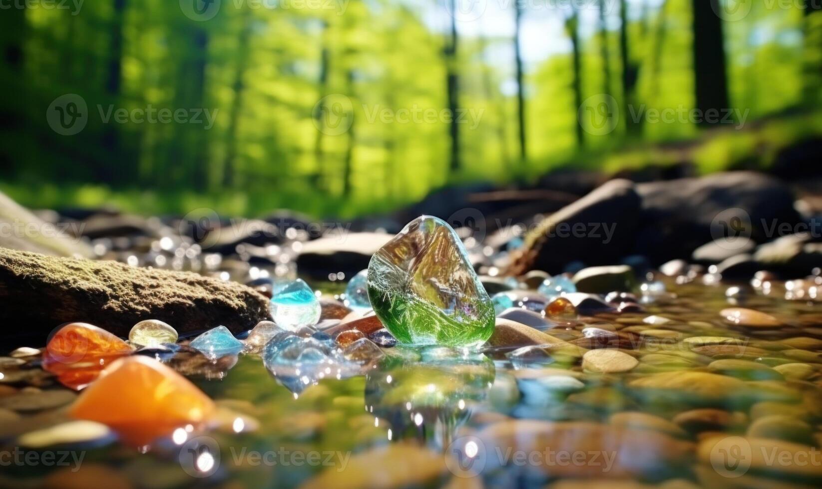 AI generated Frozen water in the forest with ice cubes and pebbles. Early spring landscape photo