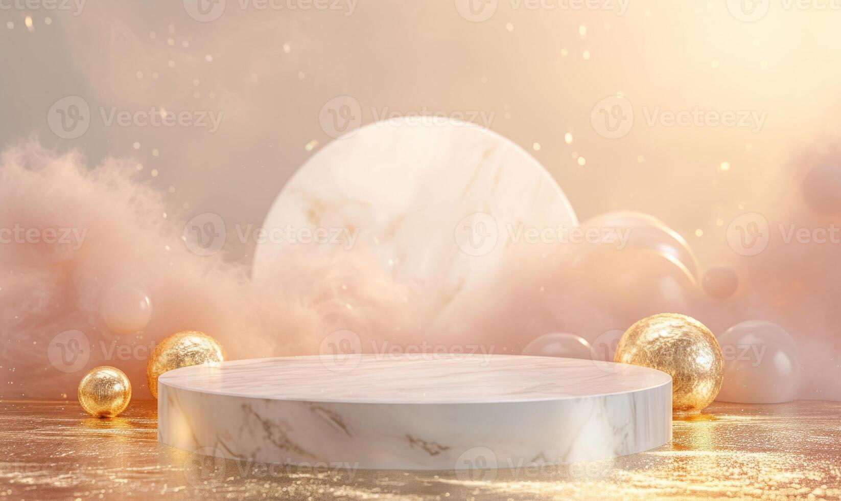 AI generated podium for product presentation. Abstract background with empty round stage with gold decoration and rose quartz. photo